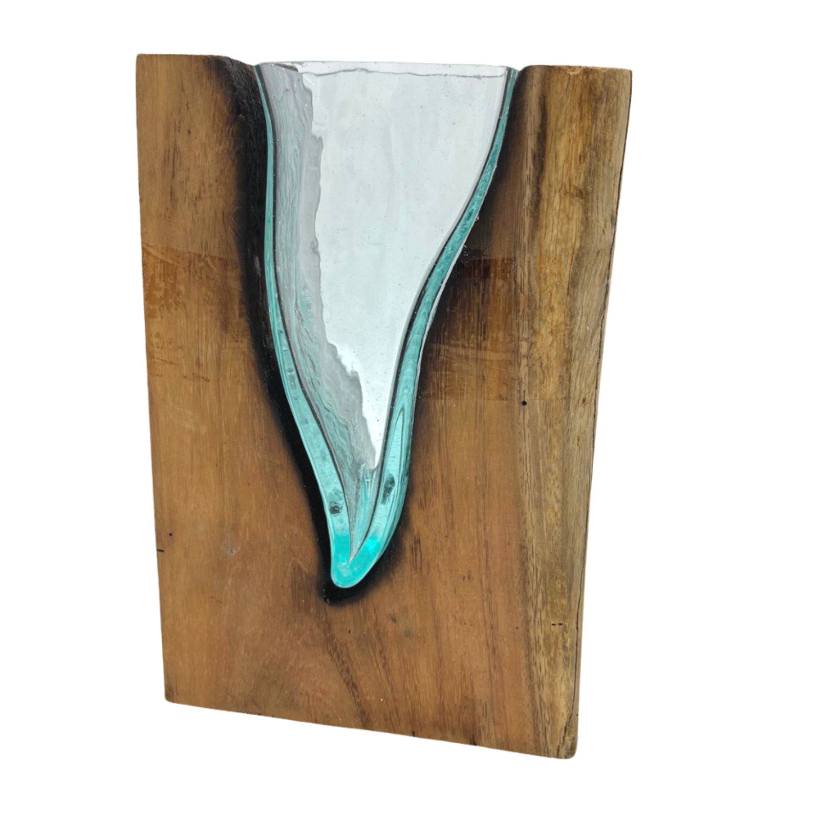 Second image of Jarrón de arte en forma de V de vidrio fundido sobre madera
