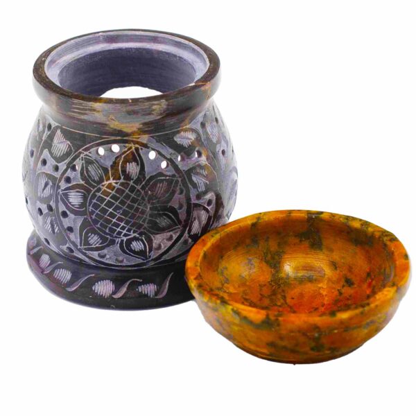 Second image of Quemador de aceite de esteatita 10 cm - Flor de mandala - Negro y amarillo