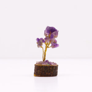 Mini árbol de piedras preciosas sobre base de madera - Amatista (15 piedras)