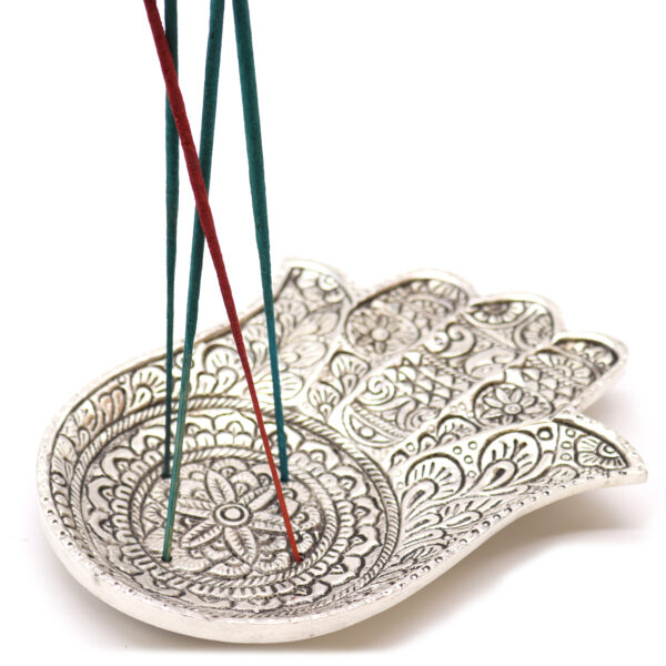 Second image of Porta-incienso Hamsa de Aluminio Pulido 18x13cm