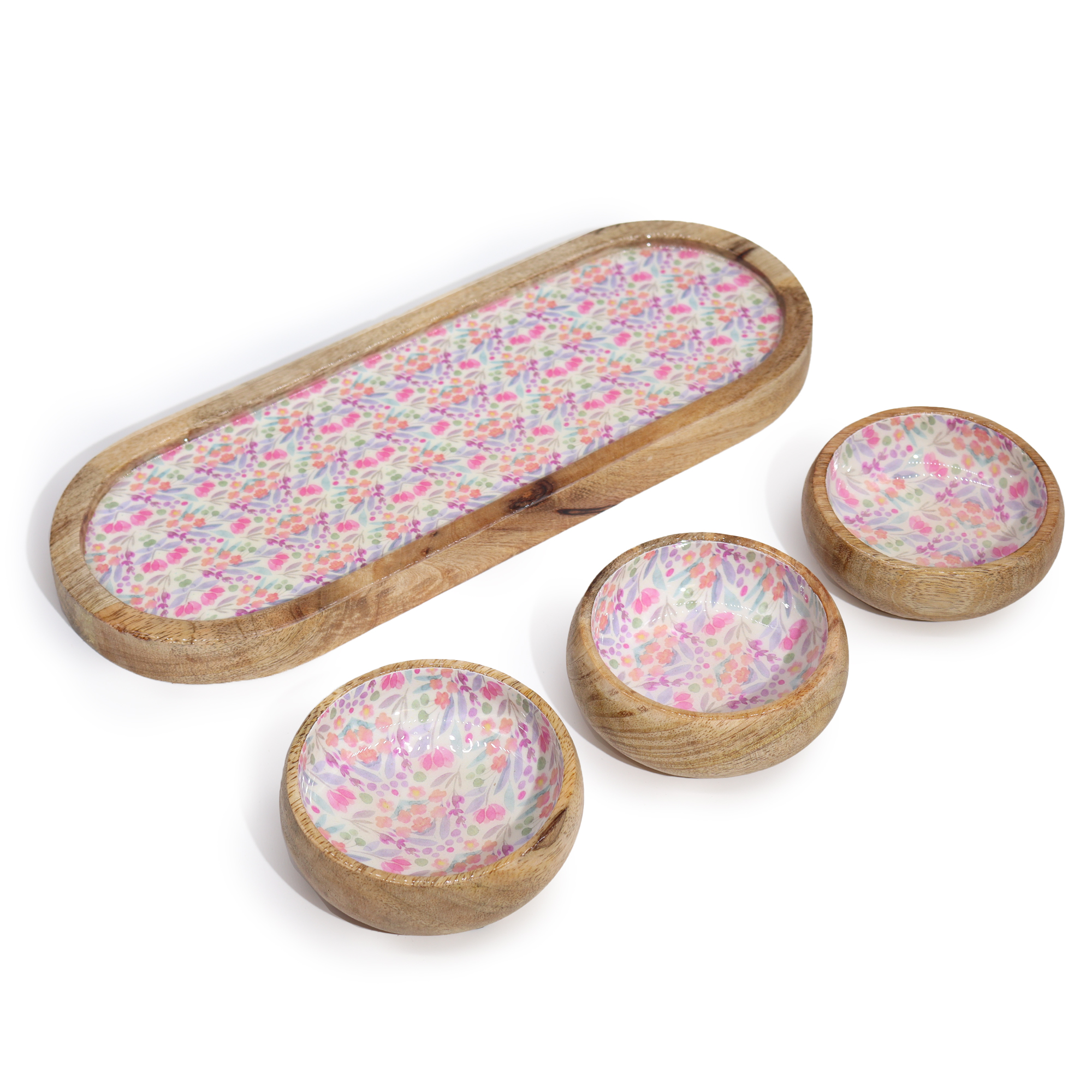Second image of Bandeja de Madera de Mango con 3 Cuencos - Floral