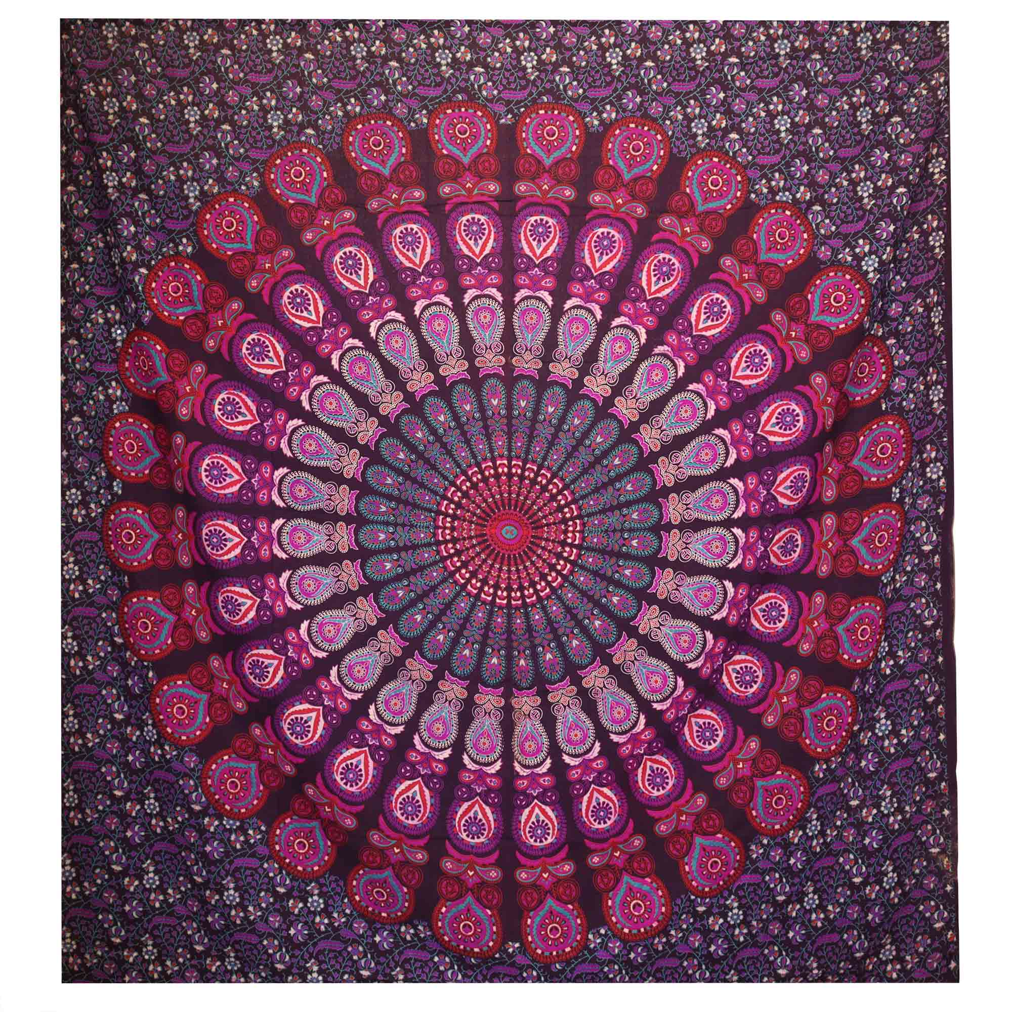 Colcha Doble de Algodón + Colgante de Pared - Pavo Real Mandala - Morado