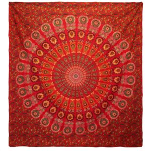 Colcha Doble de Algodón + Colgante de Pared - Pavo Real Mandala - Rojo