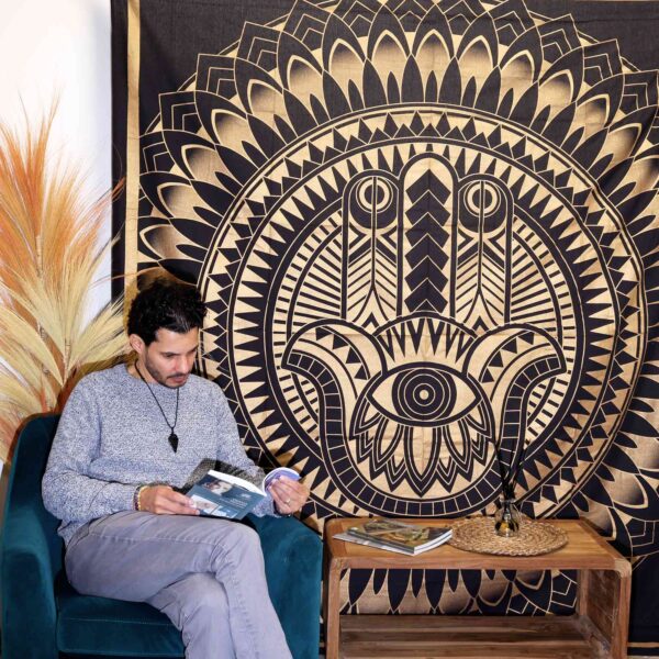 Second image of Colcha Doble de Algodón + Colgante de Pared - Hamsa - Negro Oro