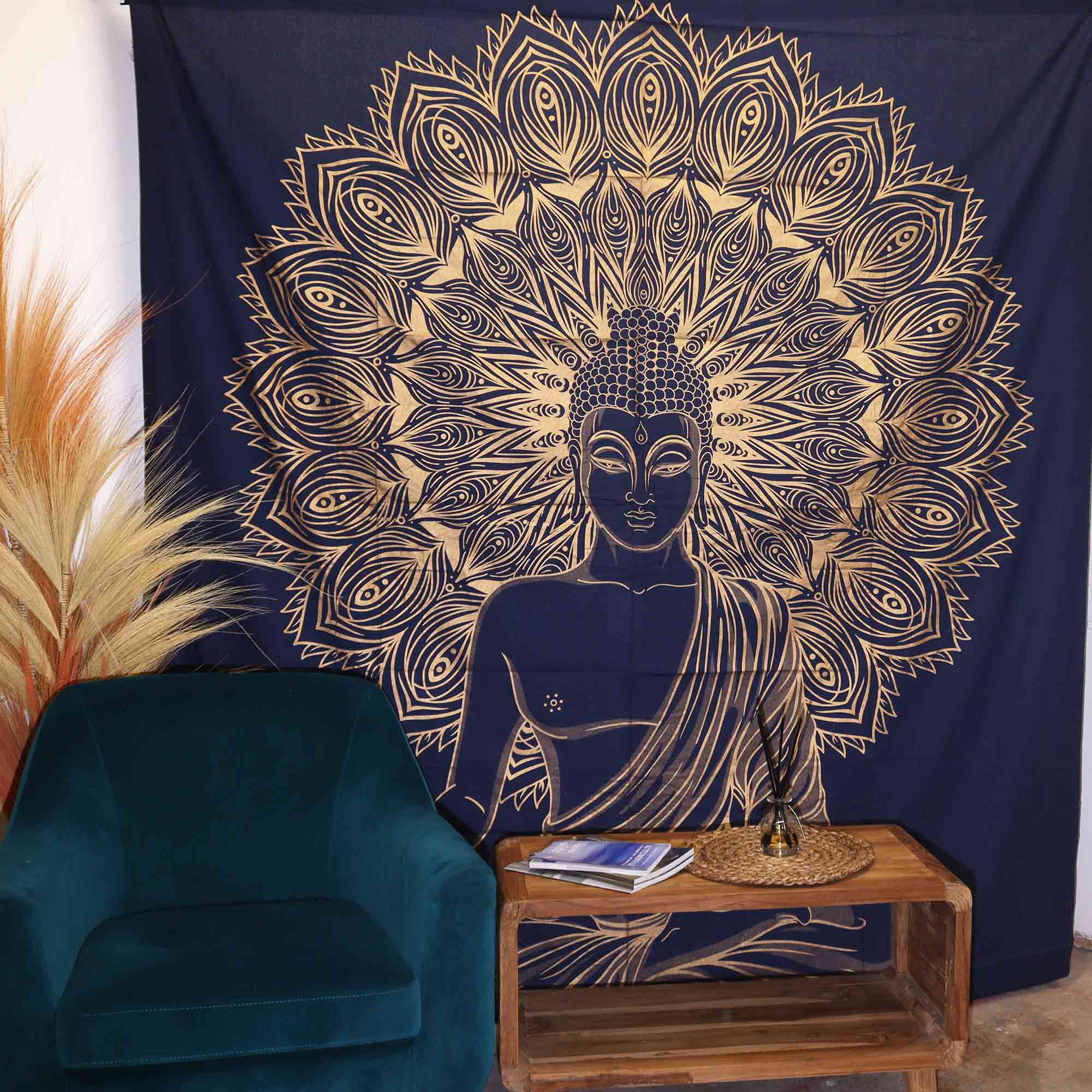 Second image of Colcha Doble de Algodón + Colgante de Pared - Buda - Azul Dorado