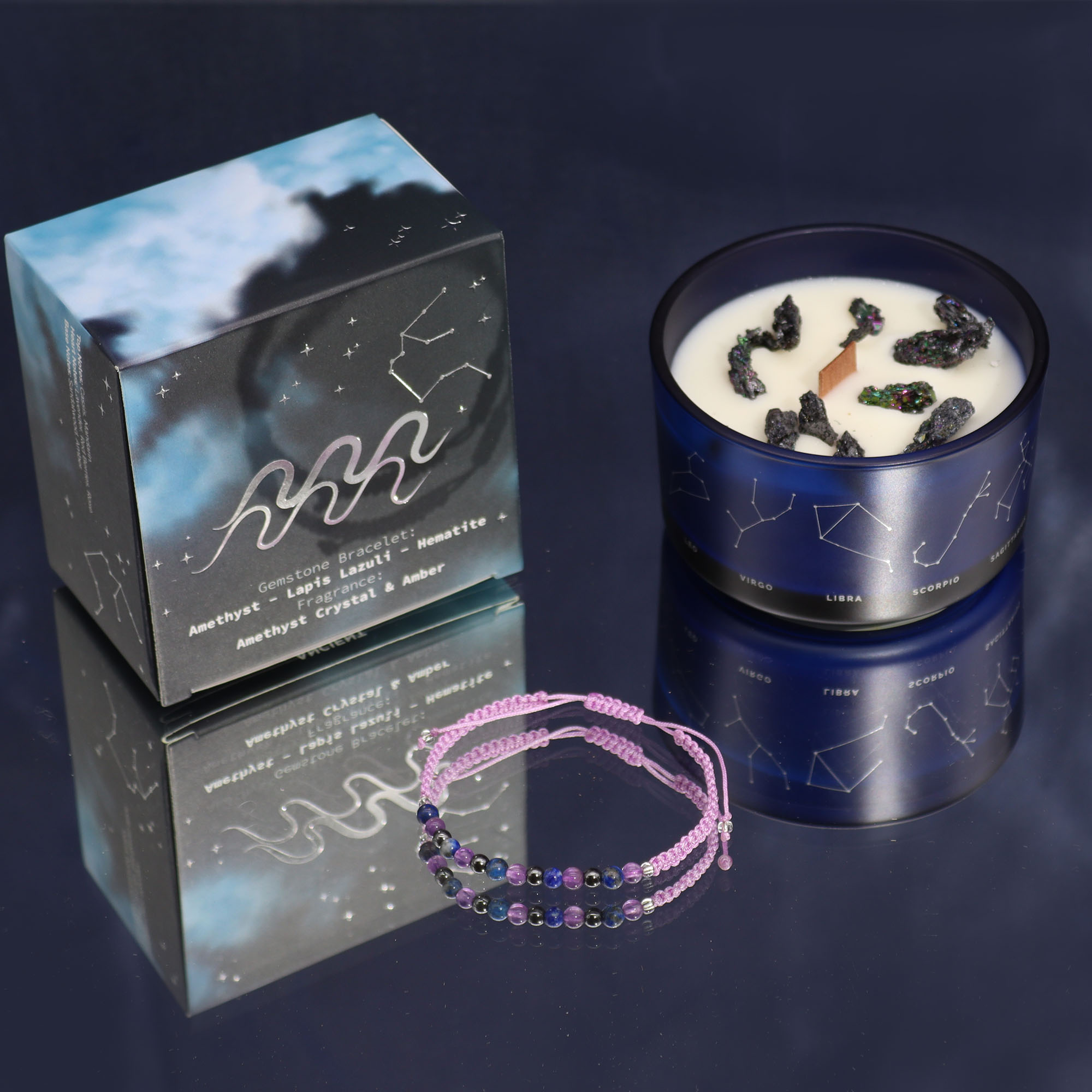 Second image of Vela de cristal del zodiaco con pulsera de piedras preciosas - Aquarious