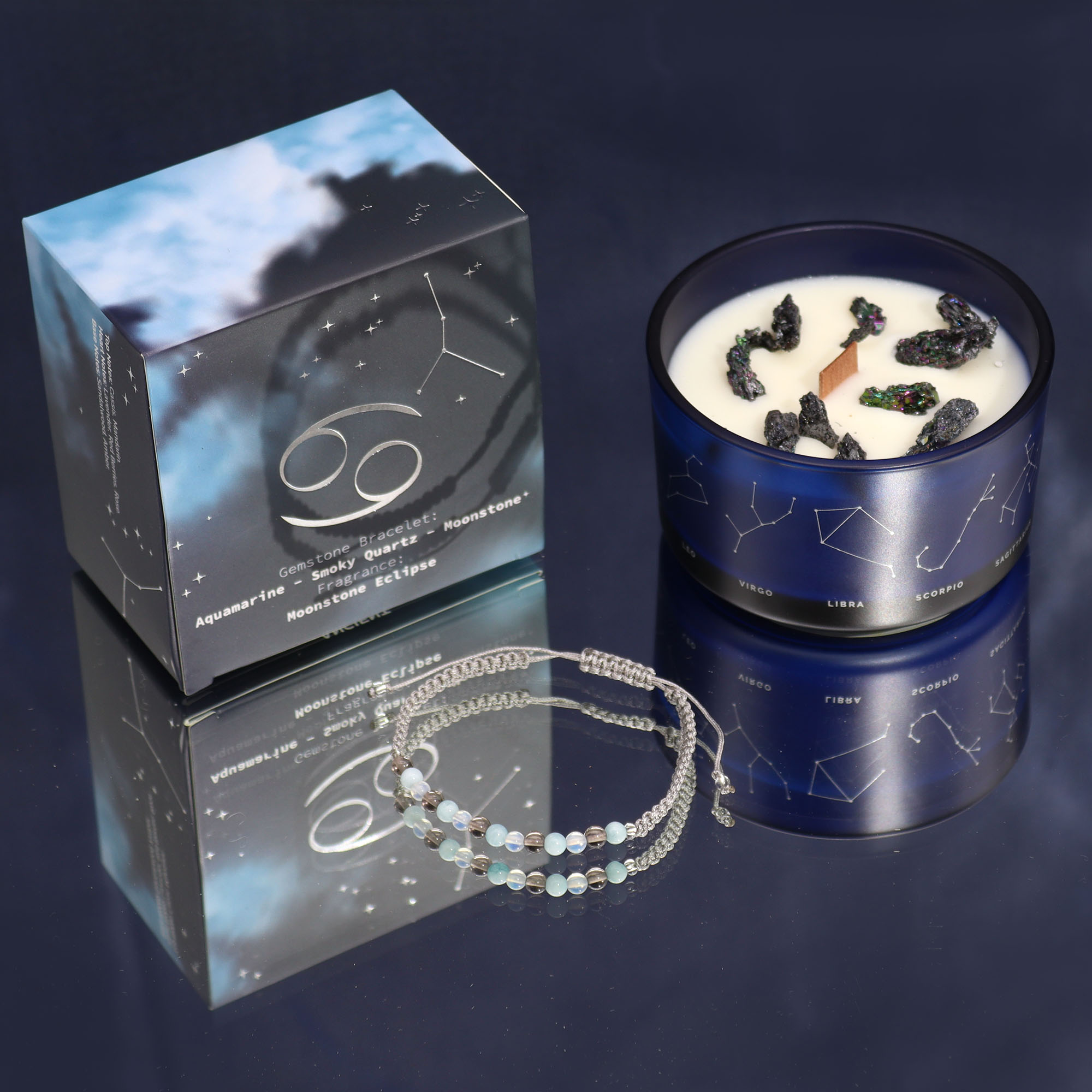 Second image of Vela de cristal del zodiaco con pulsera de piedras preciosas - Cáncer