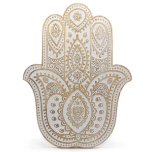 Placa de pared Mano de Hamsa en madera de Mango - Blanco