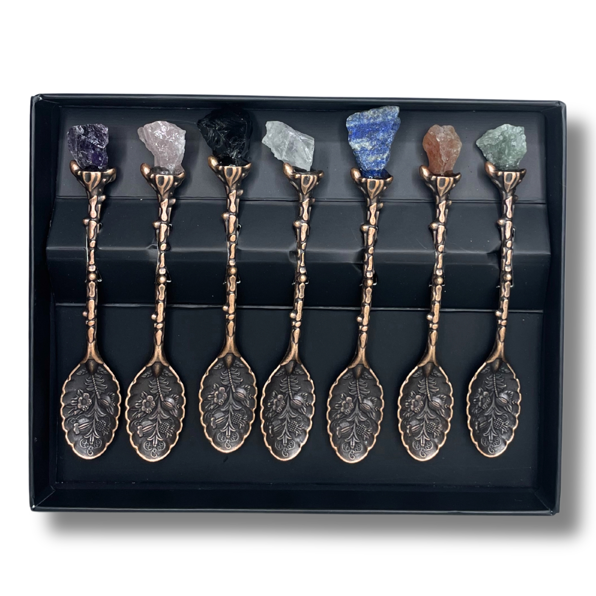 Set de 7 Cucharas de Bruja de Cristal con Piedra Preciosa de Bronce