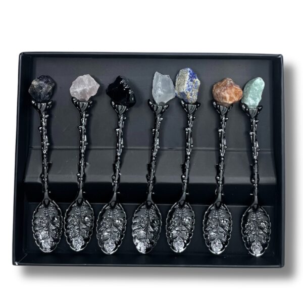 Juego de 7 Cucharas de Bruja de Cristal de Piedra Preciosa de Plata Oscura