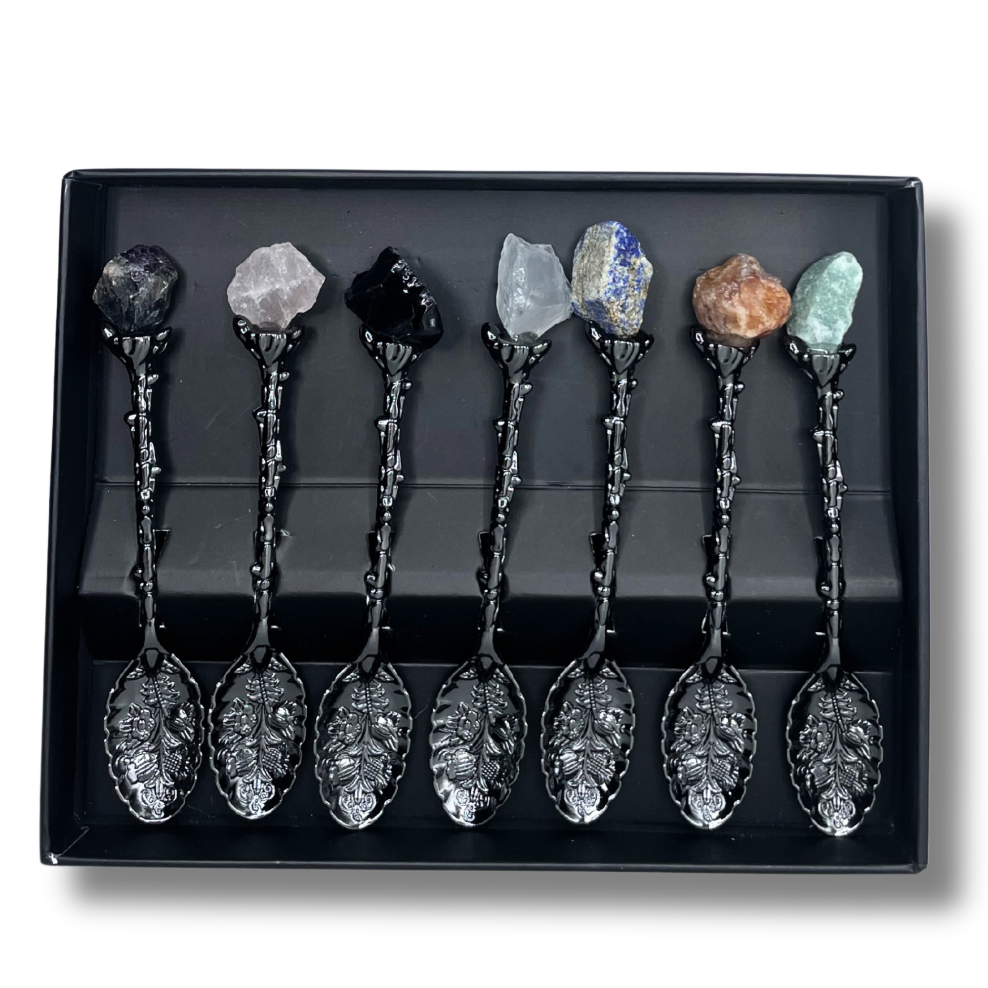 Juego de 7 Cucharas de Bruja de Cristal de Piedra Preciosa de Plata Oscura