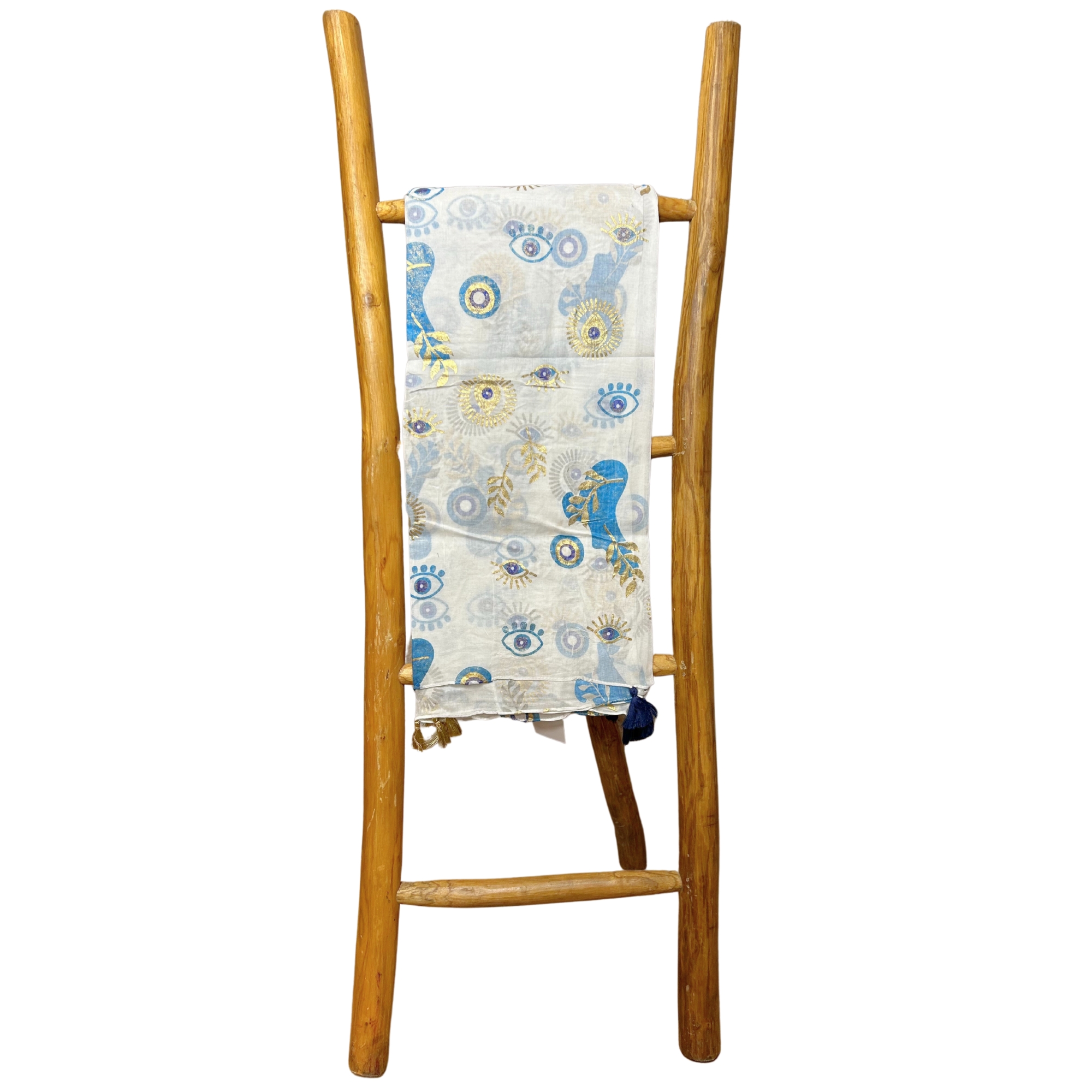 Second image of Colección Nómada Sari Mediterráneo - Pareo - Diseño del Ojo Maligno en Blanco, Azul y Oro