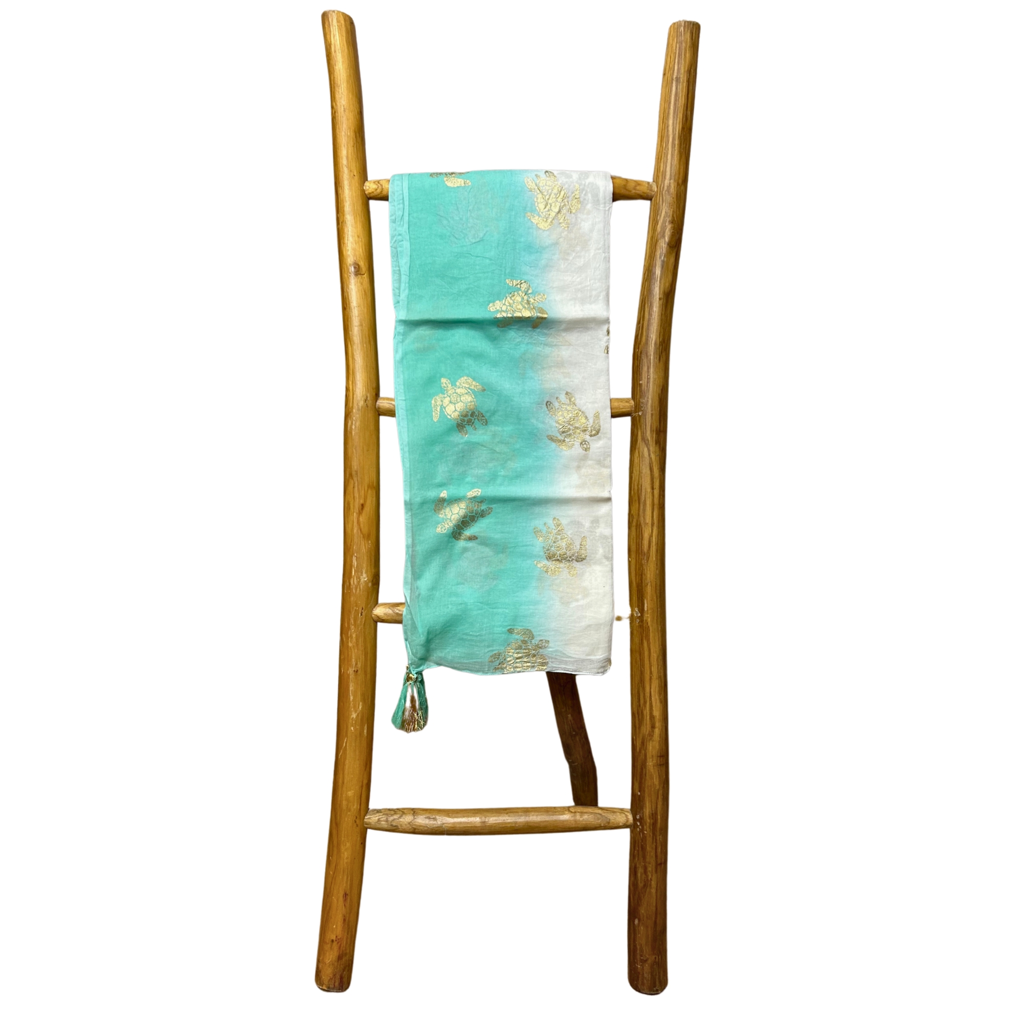 Second image of Colección Nómada Sari Mediterráneo - Pareo - Diseño de Tortuga en Blanco, Turquesa y Oro