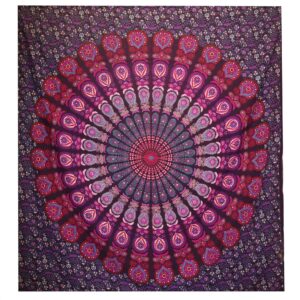Colcha Doble de Algodón + Colgante de Pared - Pavo Real Mandala - Morado