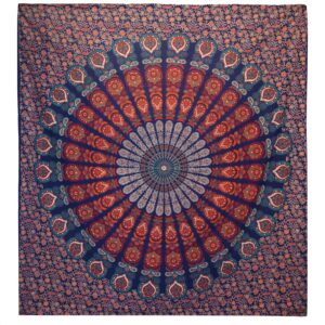 Colcha Doble de Algodón + Colgante de Pared - Pavo Real Mandala - Azul