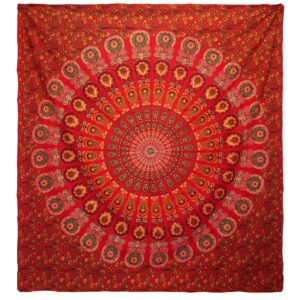 Colcha Doble de Algodón + Colgante de Pared - Pavo Real Mandala - Rojo