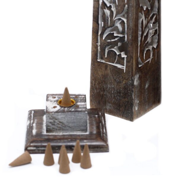 Second image of Tapered Incense Tower Washed Des2 - Mango Wood