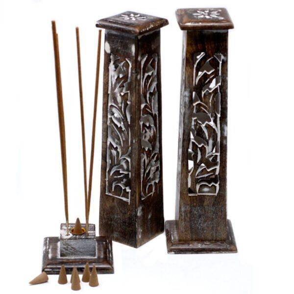 Second image of Tapered Incense Tower Washed Des2 - Mango Wood