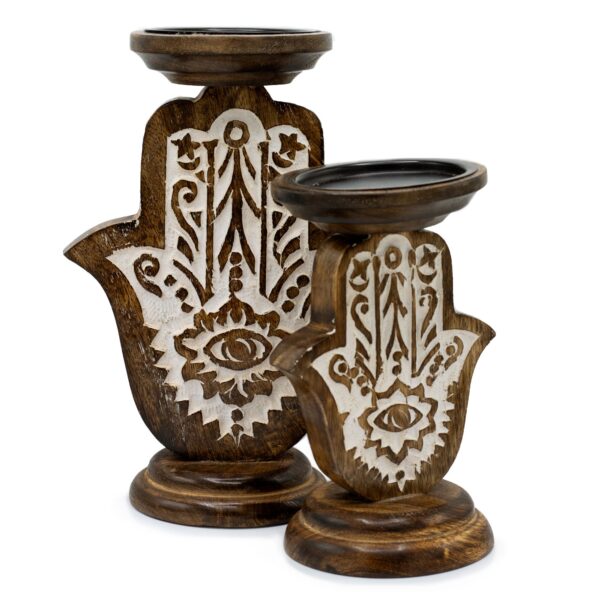 Second image of Candelabro de Madera de Mango - Hamsa - Pequeño 18x11cm