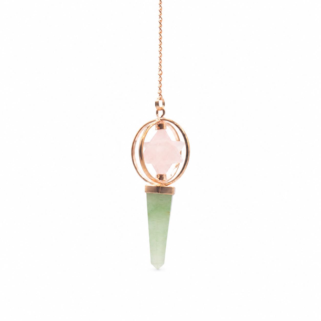 Brújula del Corazón - Estrella Merkaba giratoria de dos piezas en péndulo de cobre - cuarzo rosa y aventurina verde - Imagen 2
