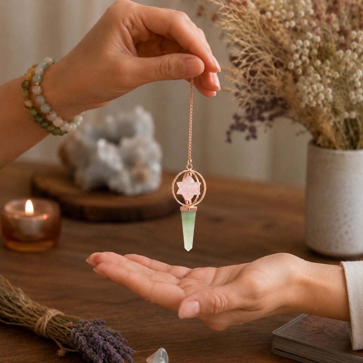 Brújula del Corazón - Estrella Merkaba giratoria de dos piezas en péndulo de cobre - cuarzo rosa y aventurina verde - Imagen 3