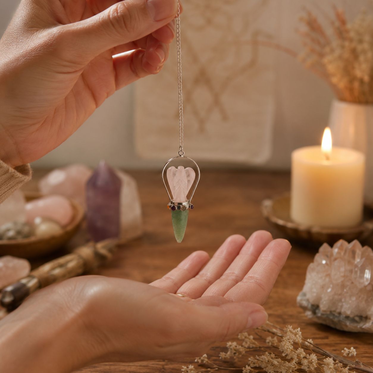El Oráculo del Corazón - Péndulo de Ángel de Dos Piezas - Banda de Chakras - Cuarzo Rosa y Aventurina Verde - Imagen 3