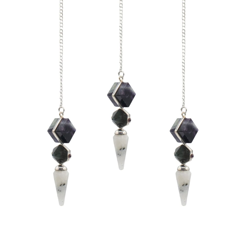 Edición de la puerta psíquica - péndulo de tres piezas - fluorita multicolor - labradorita - piedra lunar arcoíris