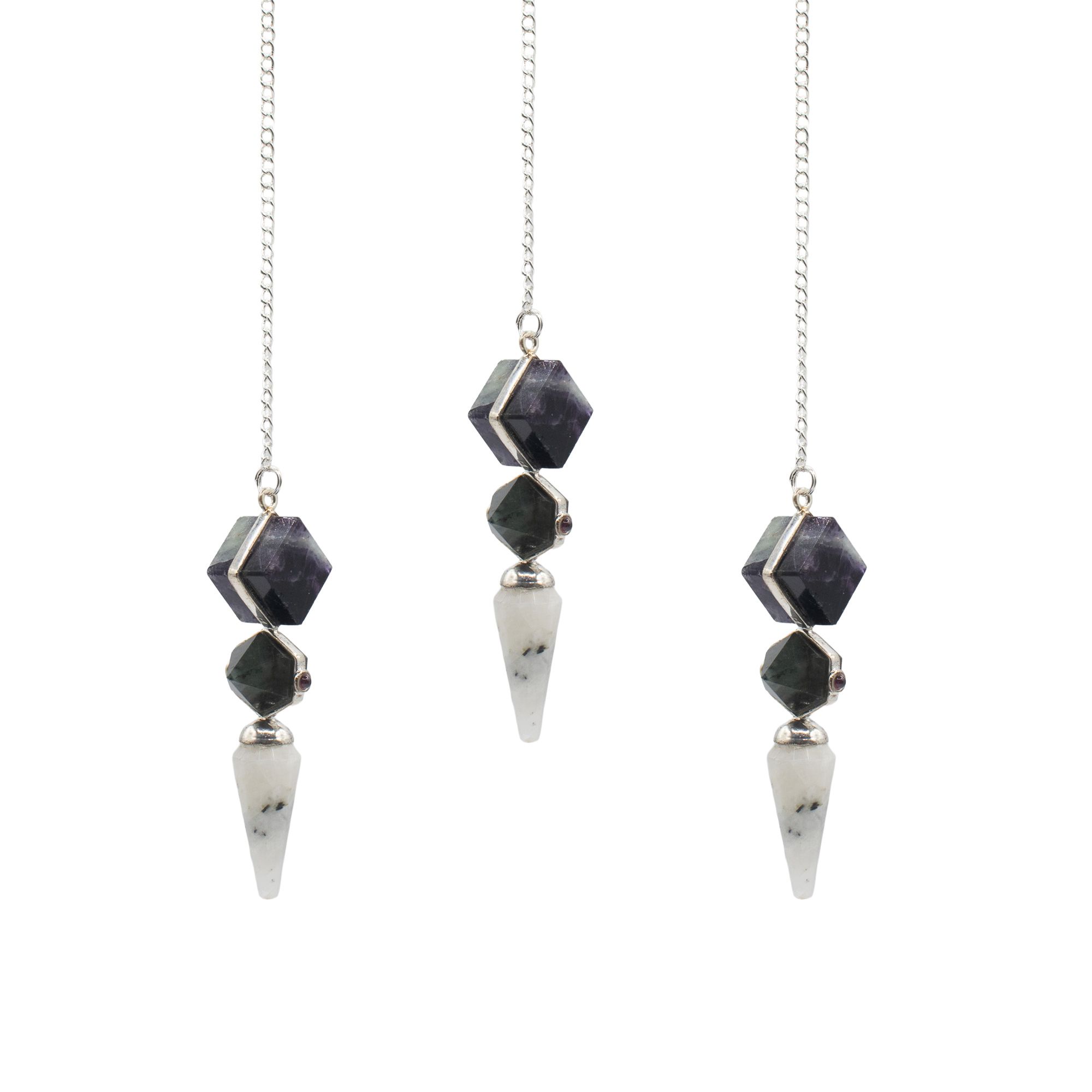 Edición de la puerta psíquica - péndulo de tres piezas - fluorita multicolor - labradorita - piedra lunar arcoíris