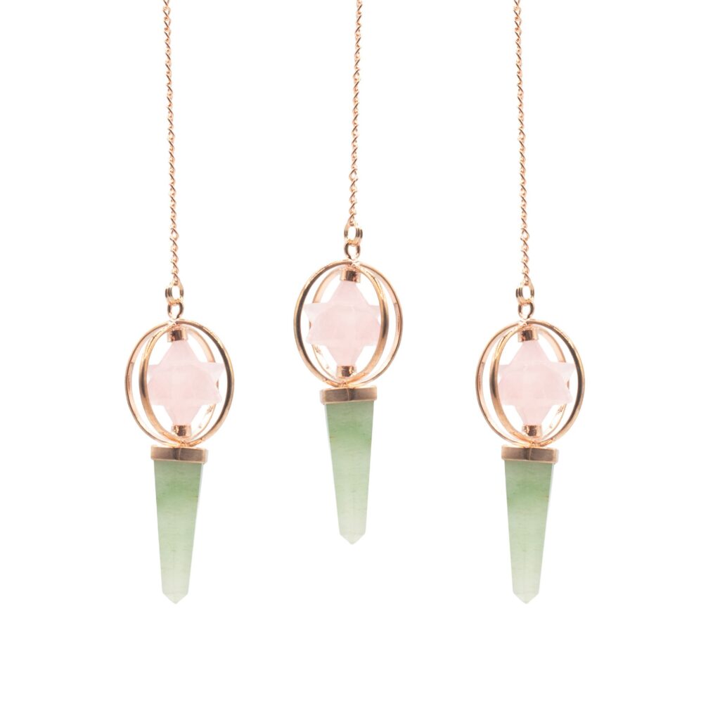 Brújula del Corazón - Estrella Merkaba giratoria de dos piezas en péndulo de cobre - cuarzo rosa y aventurina verde